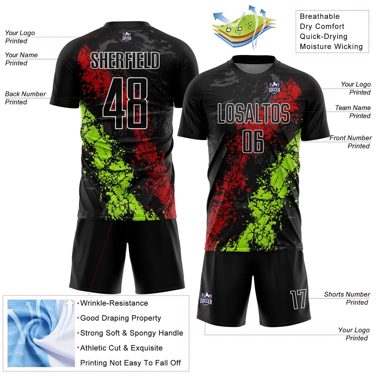 Custom Black Red-Neon Green Dripping Splatter Art Sublimation Soccer Uniform Jersey - Sky-Custom