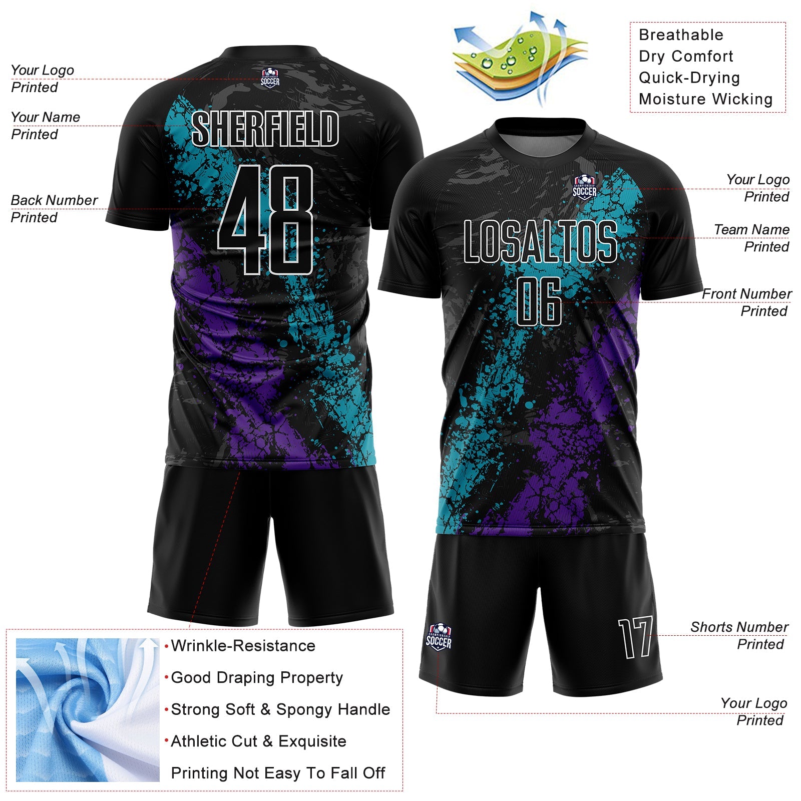Custom Black Teal-Purple Dripping Splatter Art Sublimation Soccer Uniform Jersey - Sky-Custom