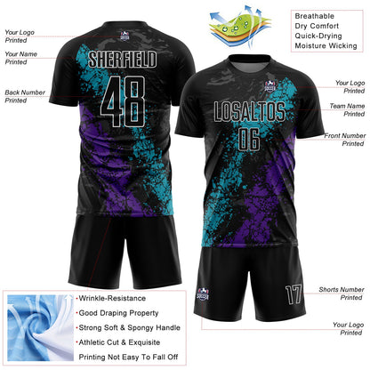 Custom Black Teal-Purple Dripping Splatter Art Sublimation Soccer Uniform Jersey - Sky-Custom