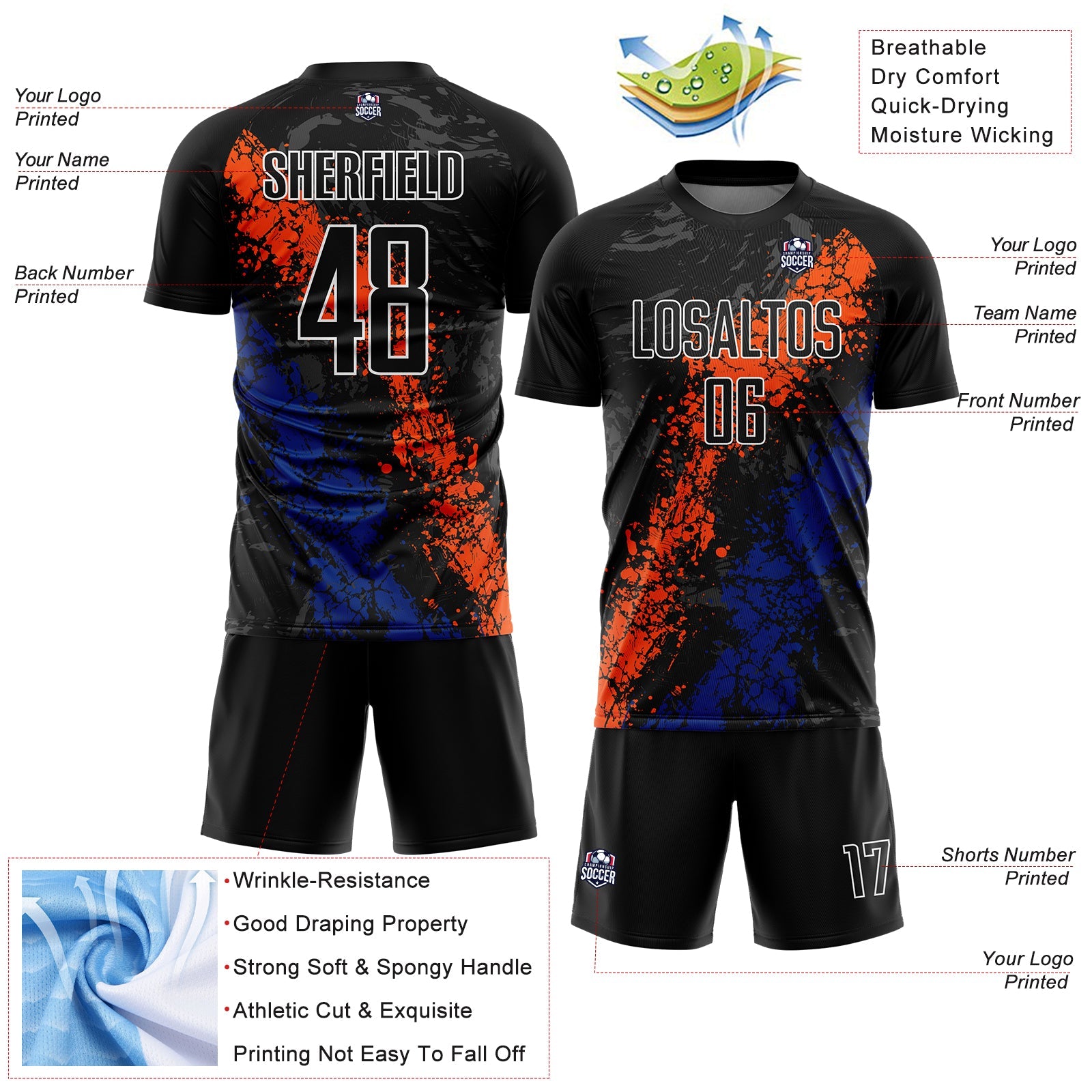 Custom Black Orange-Royal Dripping Splatter Art Sublimation Soccer Uniform Jersey - Sky-Custom