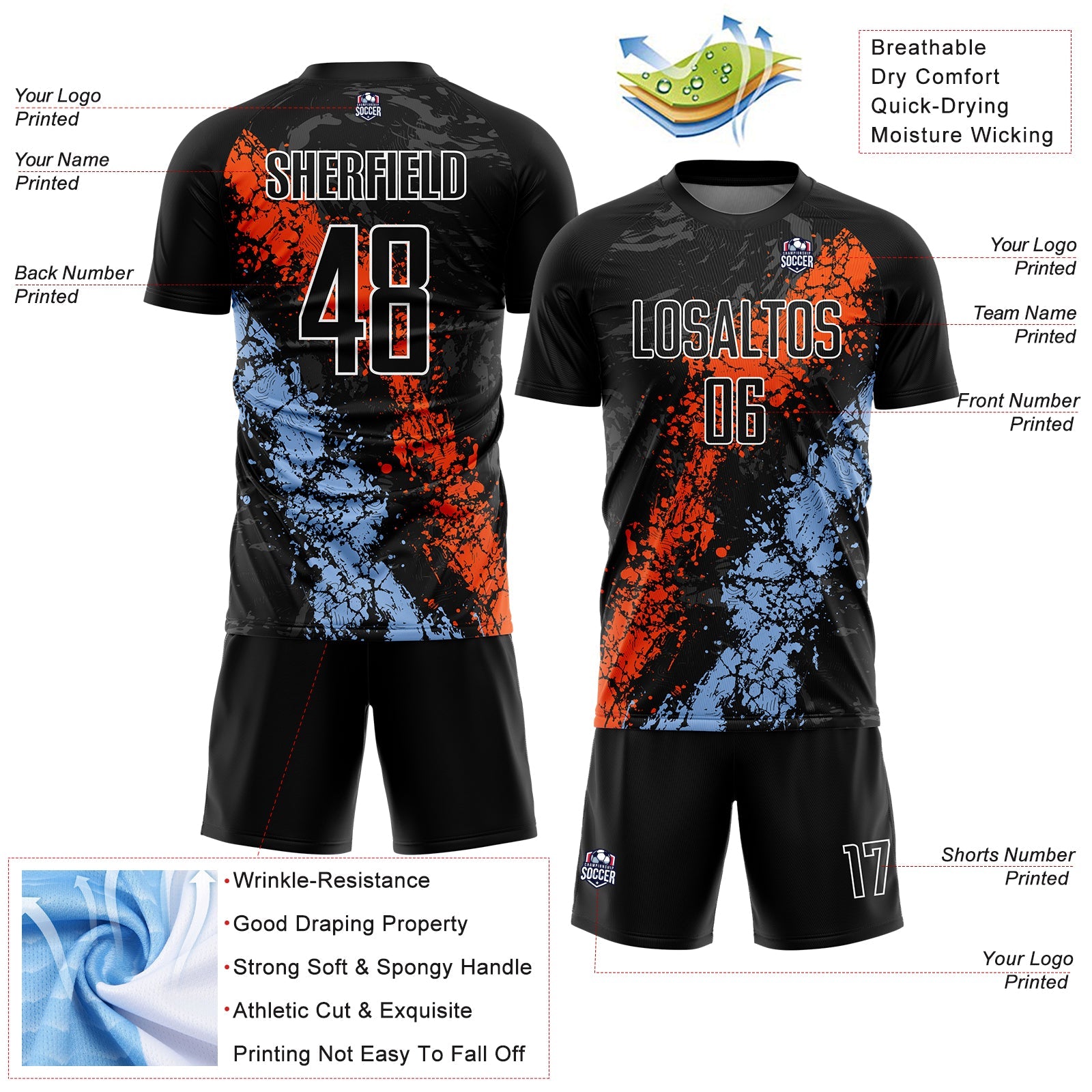 Custom Black Orange-Light Blue Dripping Splatter Art Sublimation Soccer Uniform Jersey - Sky-Custom