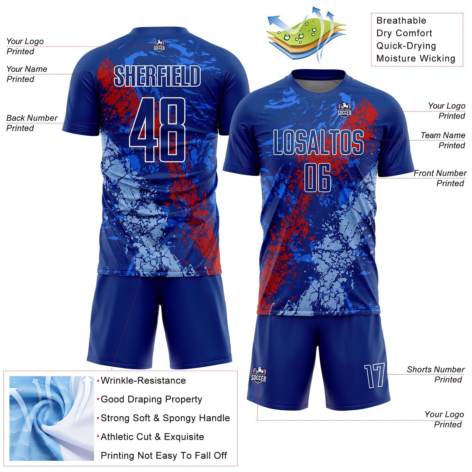 Custom Royal Red-Light Blue Dripping Splatter Art Sublimation Soccer Uniform Jersey - Sky-Custom