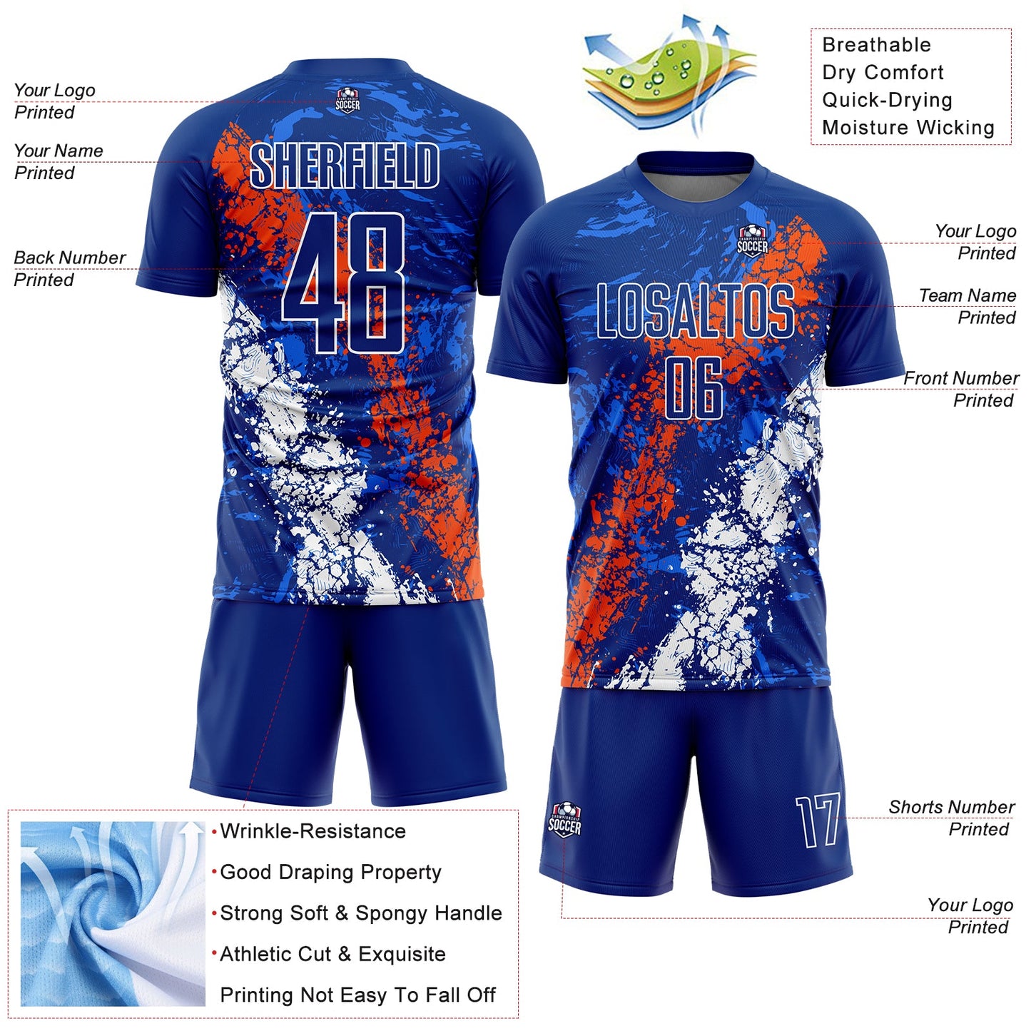 Custom Royal Orange-White Dripping Splatter Art Sublimation Soccer Uniform Jersey - Sky-Custom