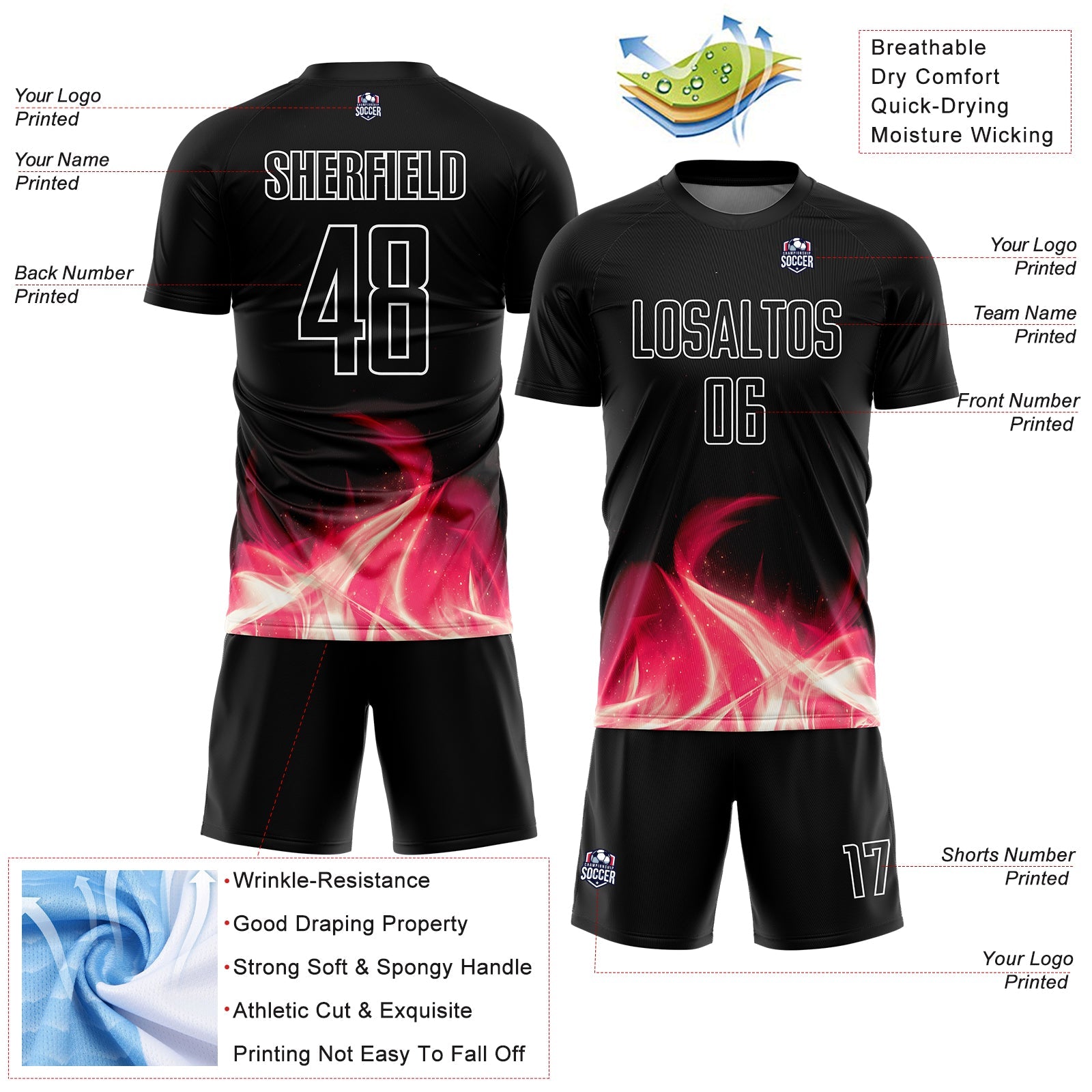 Custom Black White Flame Sublimation Soccer Uniform Jersey - Sky-Custom
