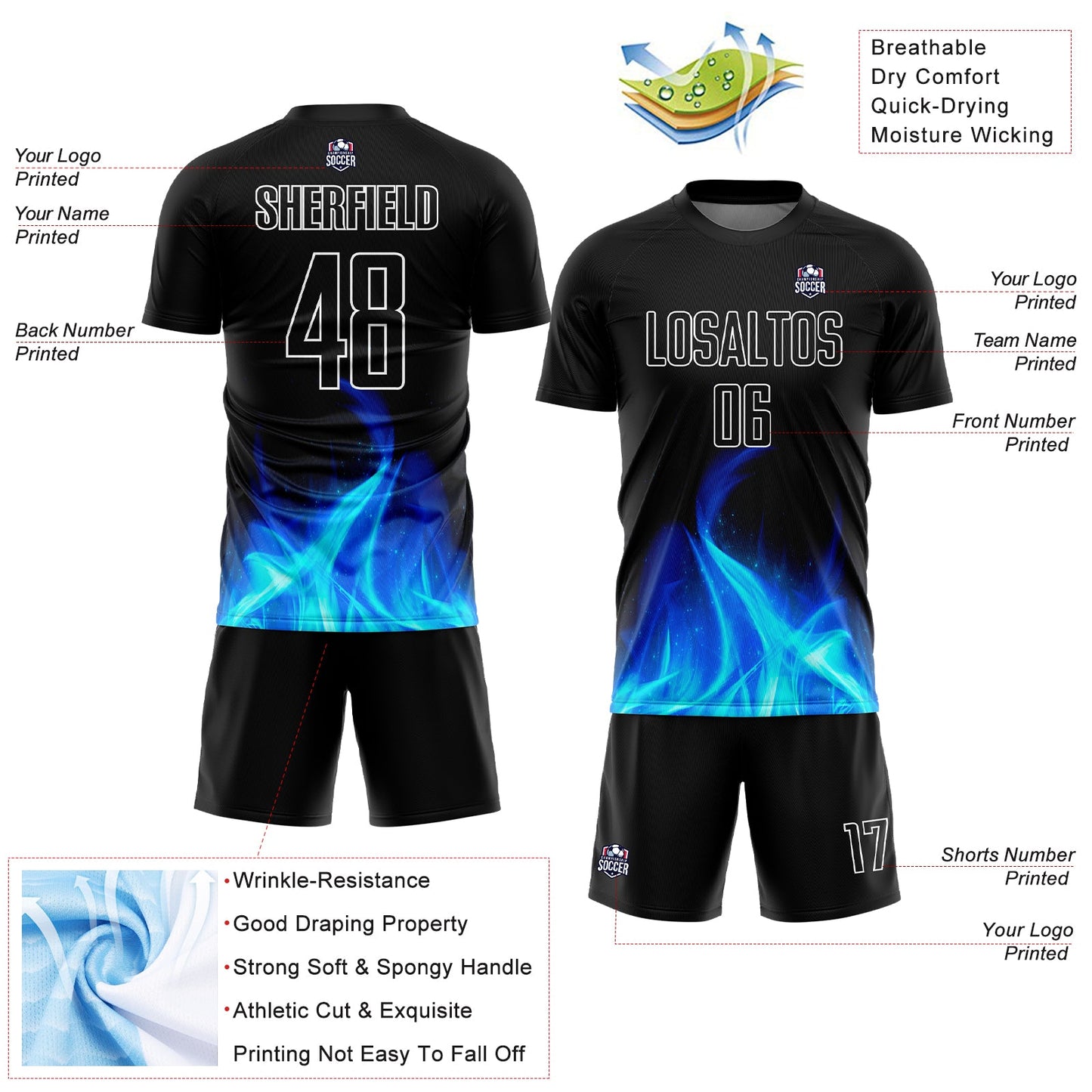 Custom Black White Flame Sublimation Soccer Uniform Jersey - Sky-Custom