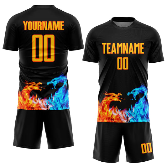Custom Black Yellow-Orange Dragon Flame Sublimation Soccer Uniform Jersey - Sky-Custom