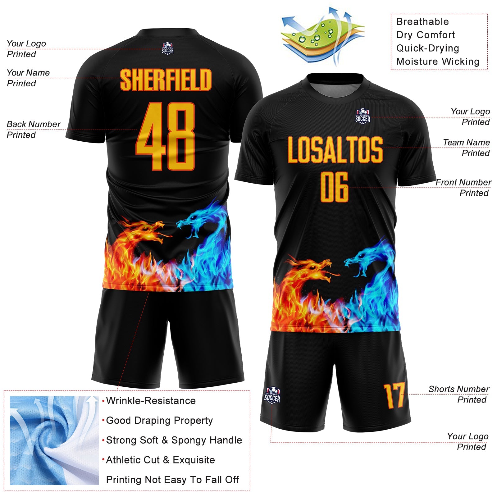 Custom Black Yellow-Orange Dragon Flame Sublimation Soccer Uniform Jersey - Sky-Custom