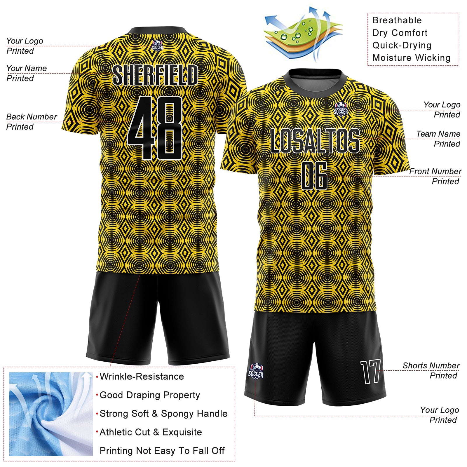 Custom Yellow Black-White Geometric Shapes Sublimation Soccer Uniform Jersey - Sky-Custom