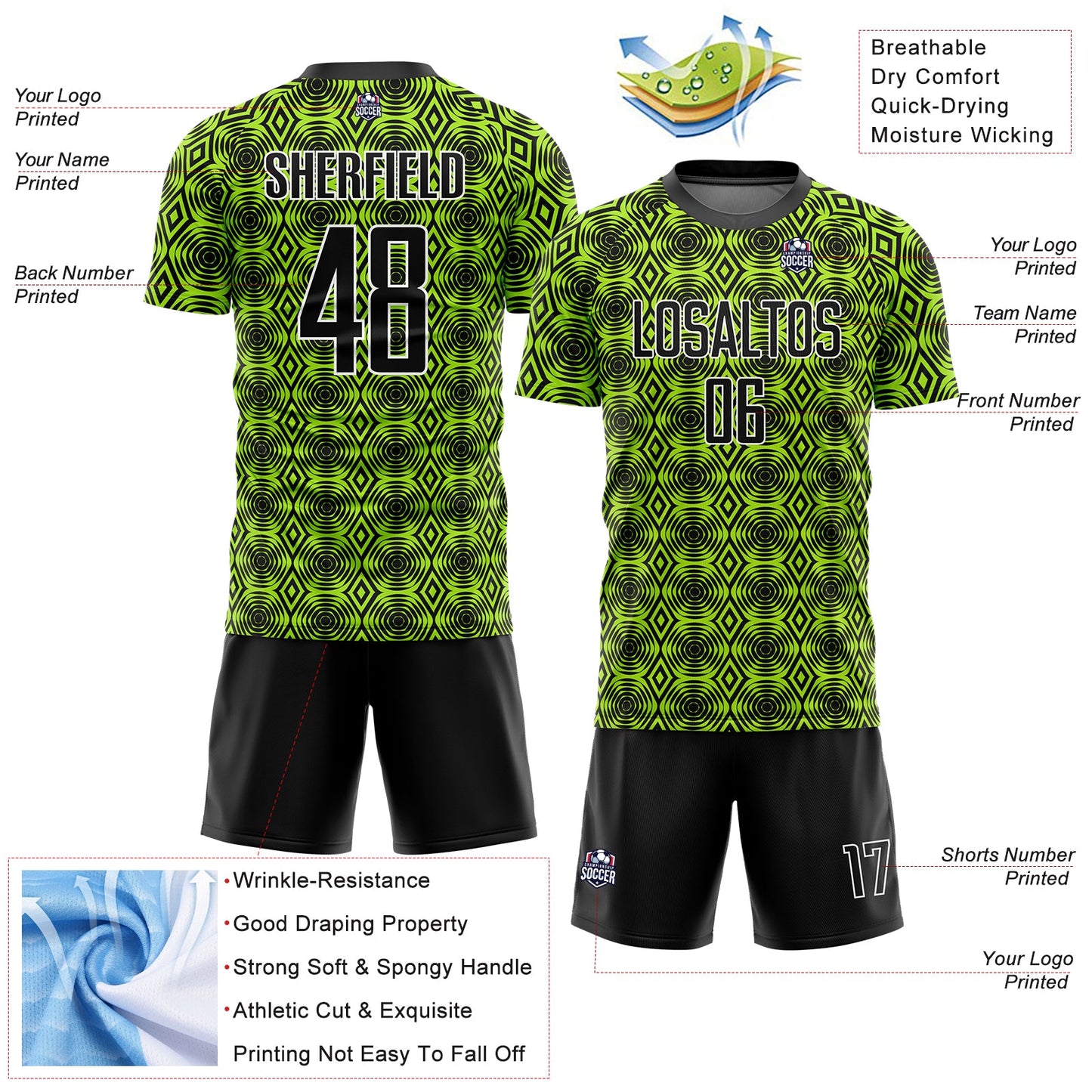Custom Neon Green Black-White Geometric Shapes Sublimation Soccer Uniform Jersey - Sky-Custom
