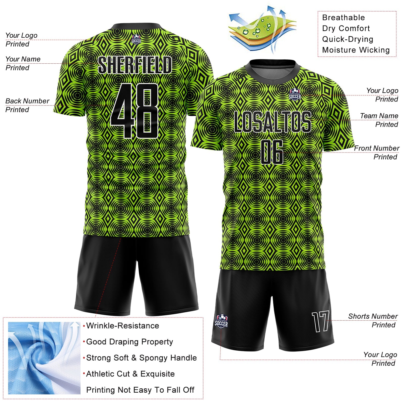 Custom Neon Green Black-White Geometric Shapes Sublimation Soccer Uniform Jersey - Sky-Custom
