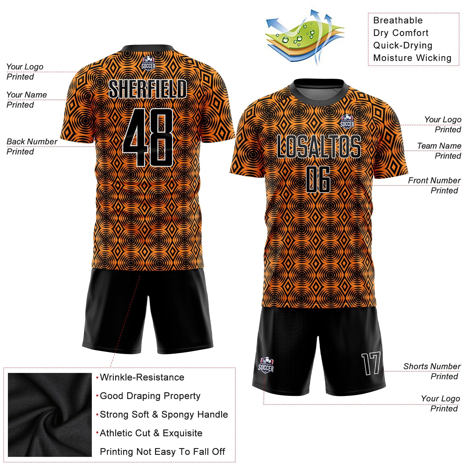 Custom Orange Black-White Geometric Shapes Sublimation Soccer Uniform Jersey - Sky-Custom