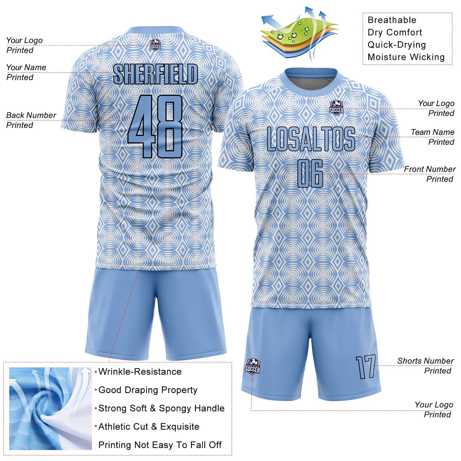 Custom Light Blue Black-White Geometric Shapes Sublimation Soccer Uniform Jersey - Sky-Custom