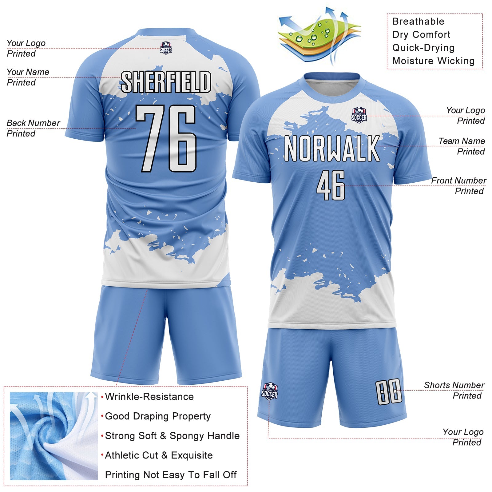 Custom Light Blue White-Black Abstract Fragment Art Sublimation Soccer Uniform Jersey - Sky-Custom