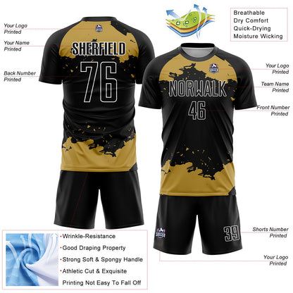Custom Black Old Gold-White Abstract Fragment Art Sublimation Soccer Uniform Jersey - Sky-Custom