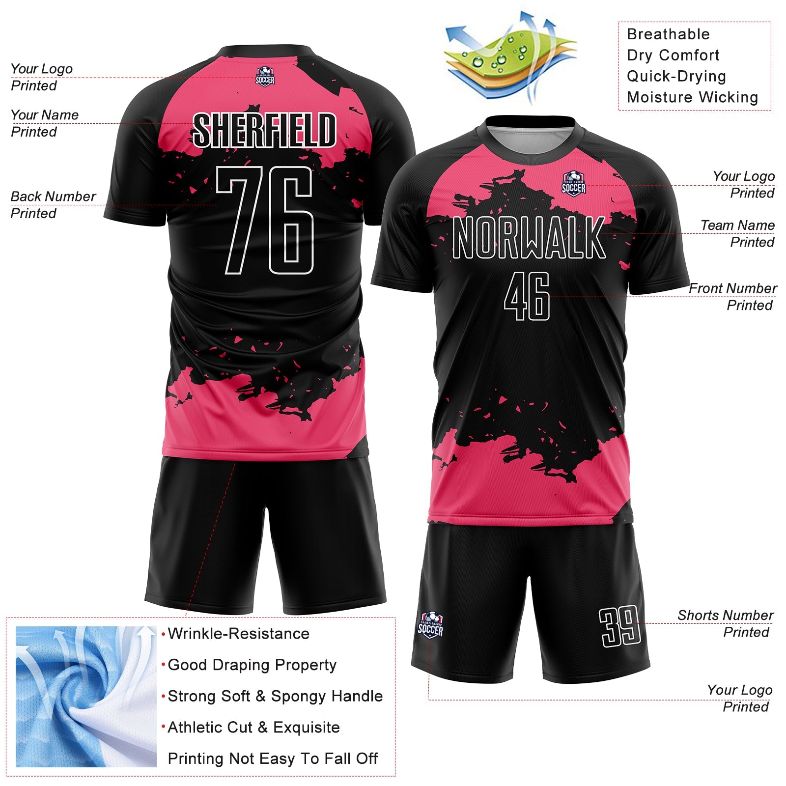 Custom Black Neon Pink-White Abstract Fragment Art Sublimation Soccer Uniform Jersey - Sky-Custom
