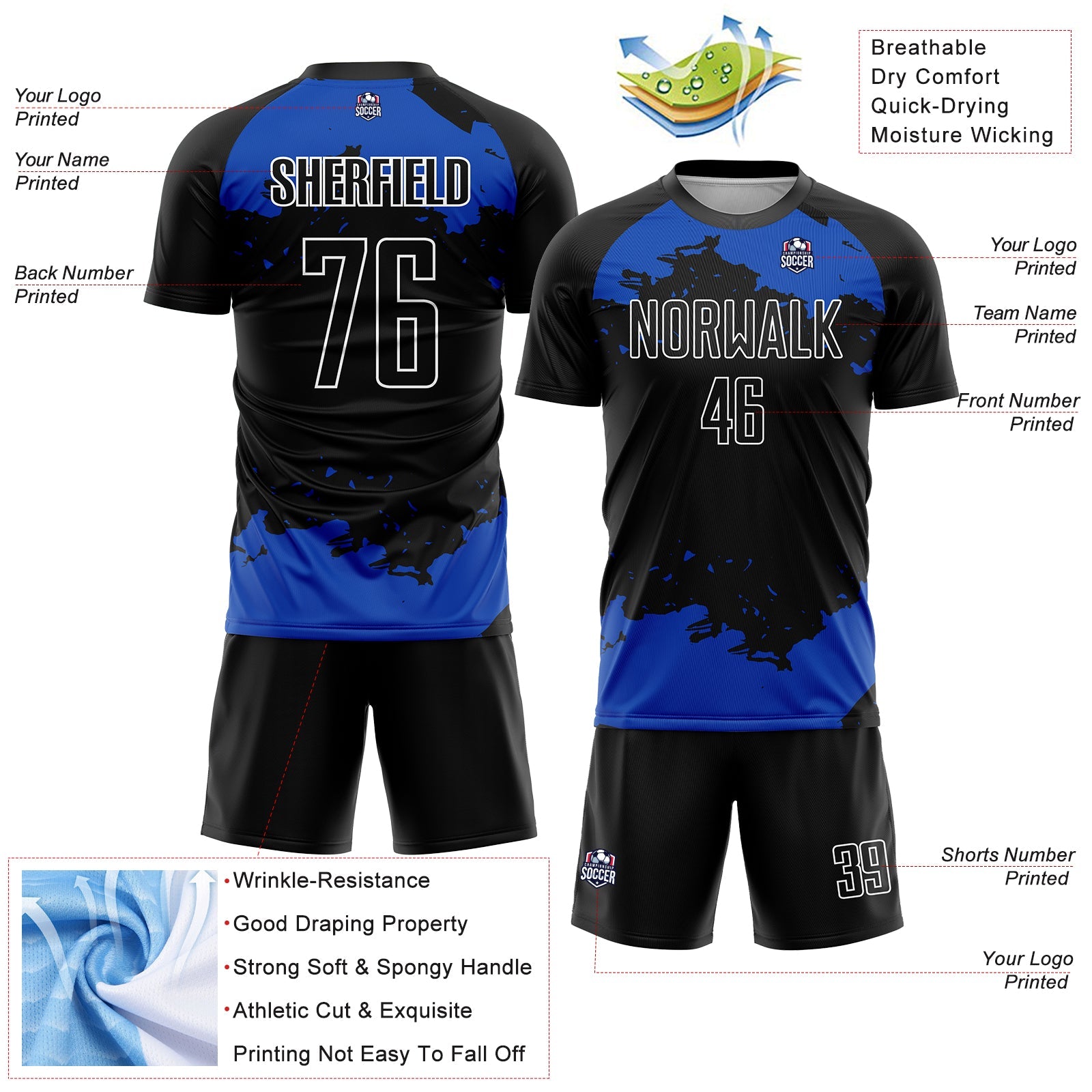 Custom Black Thunder Blue-White Abstract Fragment Art Sublimation Soccer Uniform Jersey - Sky-Custom