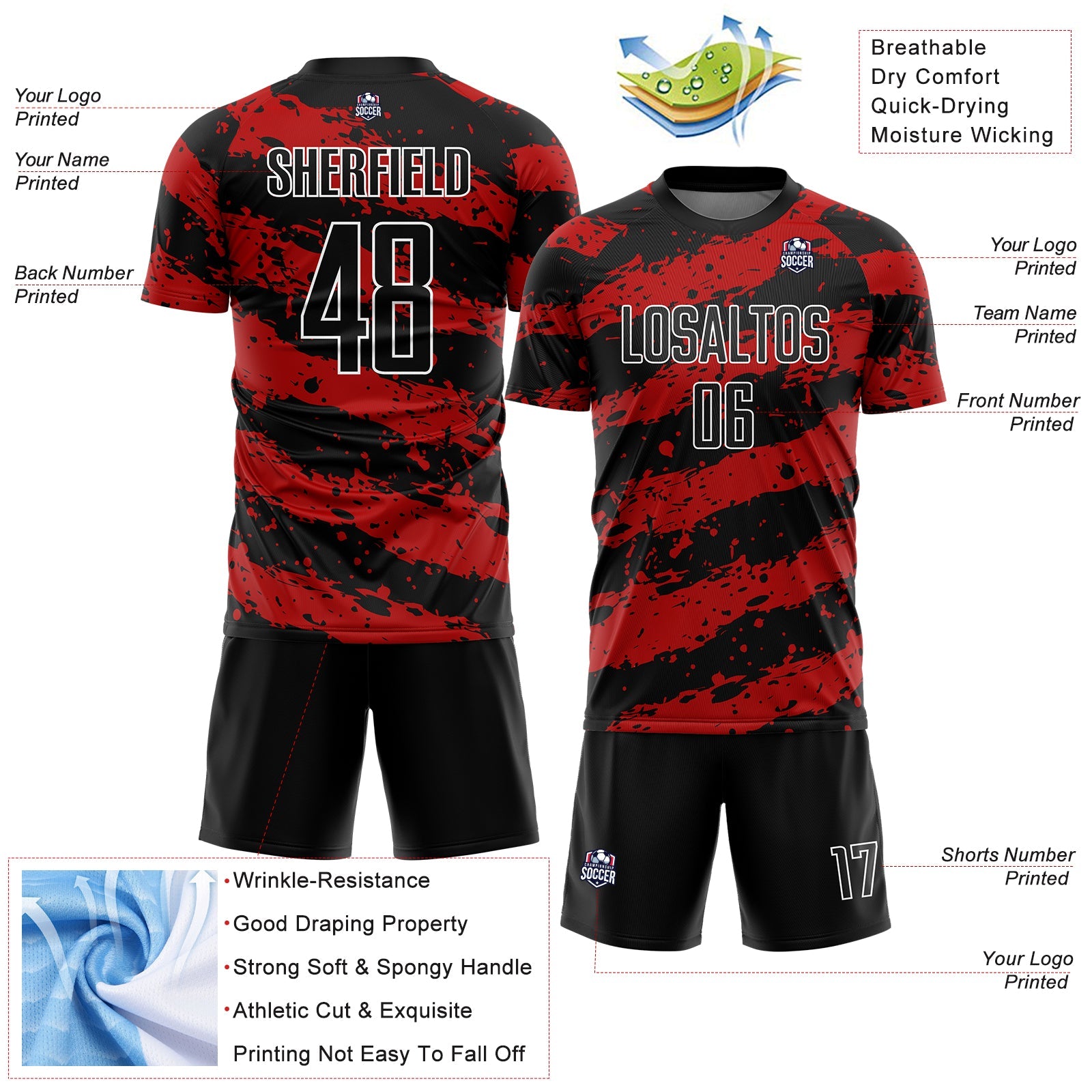 Custom Black Red-White Splash Sublimation Soccer Uniform Jersey - Sky-Custom