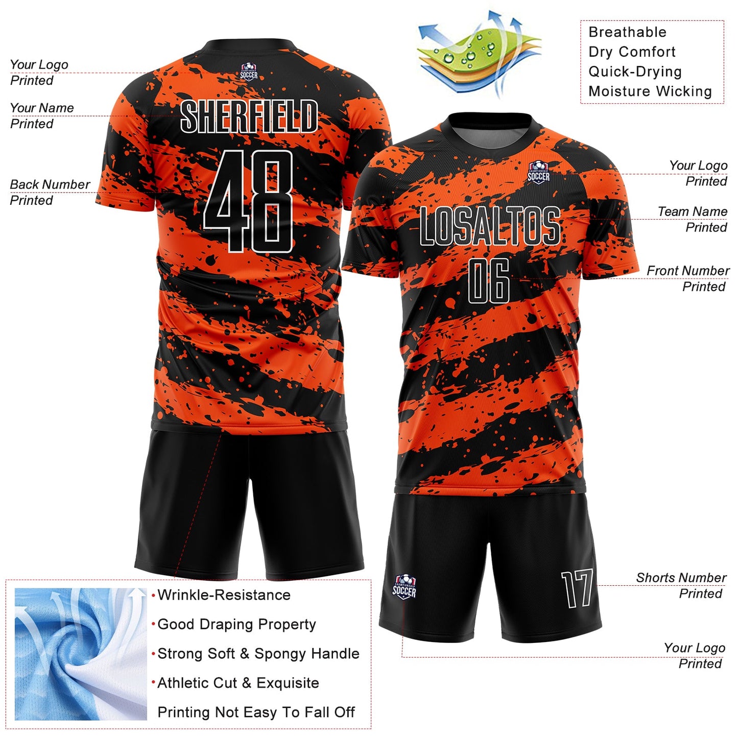 Custom Black Orange-White Splash Sublimation Soccer Uniform Jersey - Sky-Custom