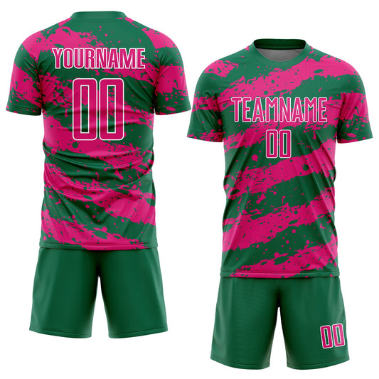 Custom Kelly Green Hot Pink-White Splash Sublimation Soccer Uniform Jersey - Sky-Custom