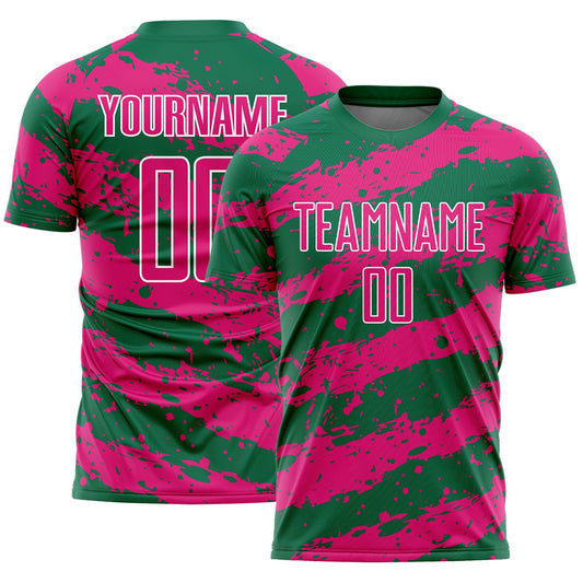 Custom Kelly Green Hot Pink-White Splash Sublimation Soccer Uniform Jersey - Sky-Custom