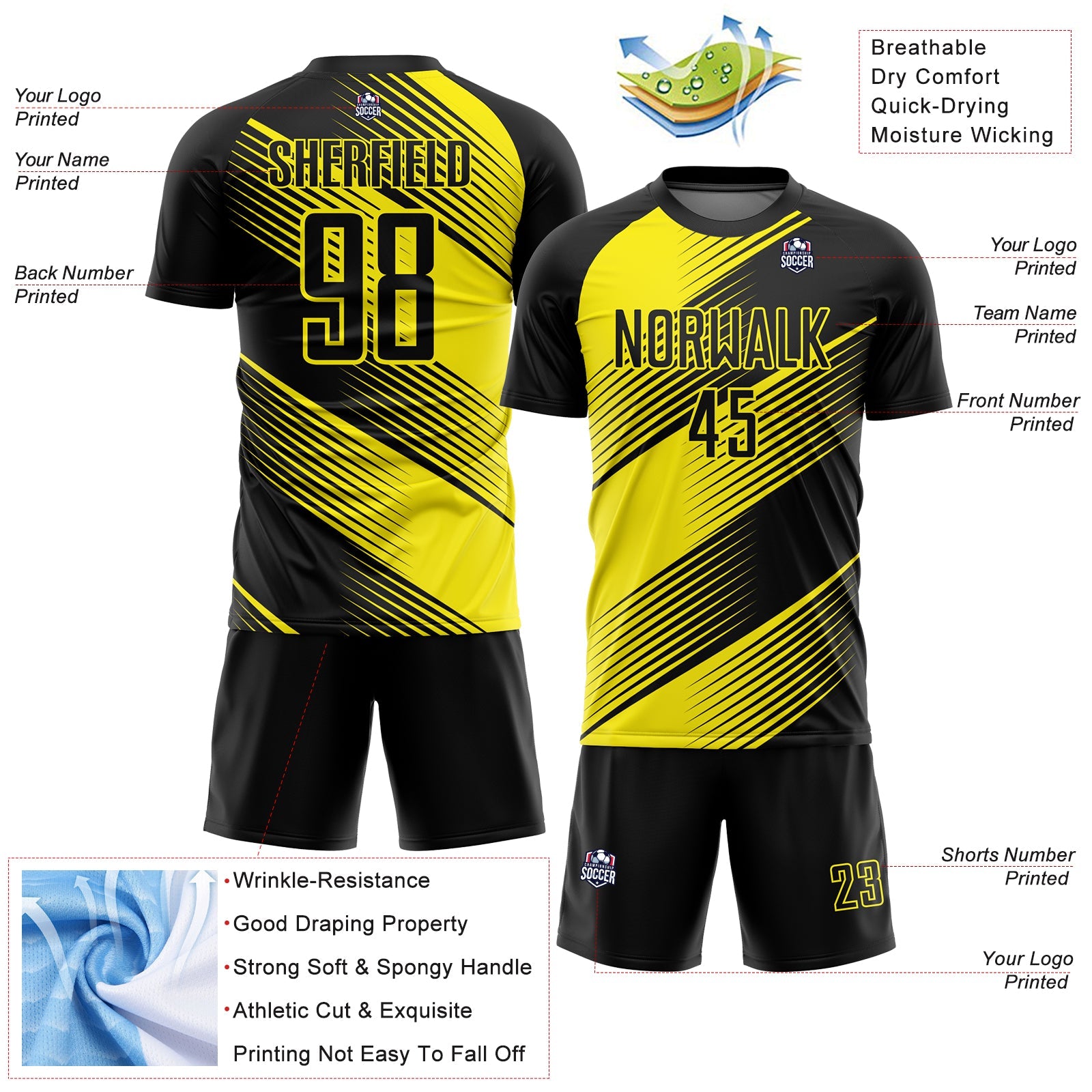 Custom Black Light Yellow Line Sublimation Soccer Uniform Jersey - Sky-Custom