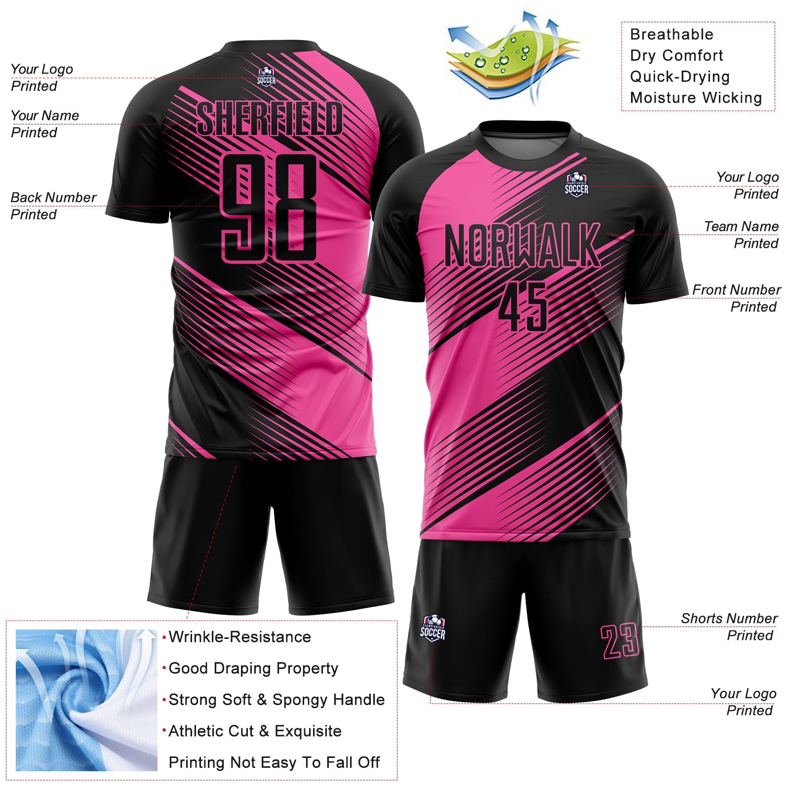 Custom Black Pink Line Sublimation Soccer Uniform Jersey - Sky-Custom