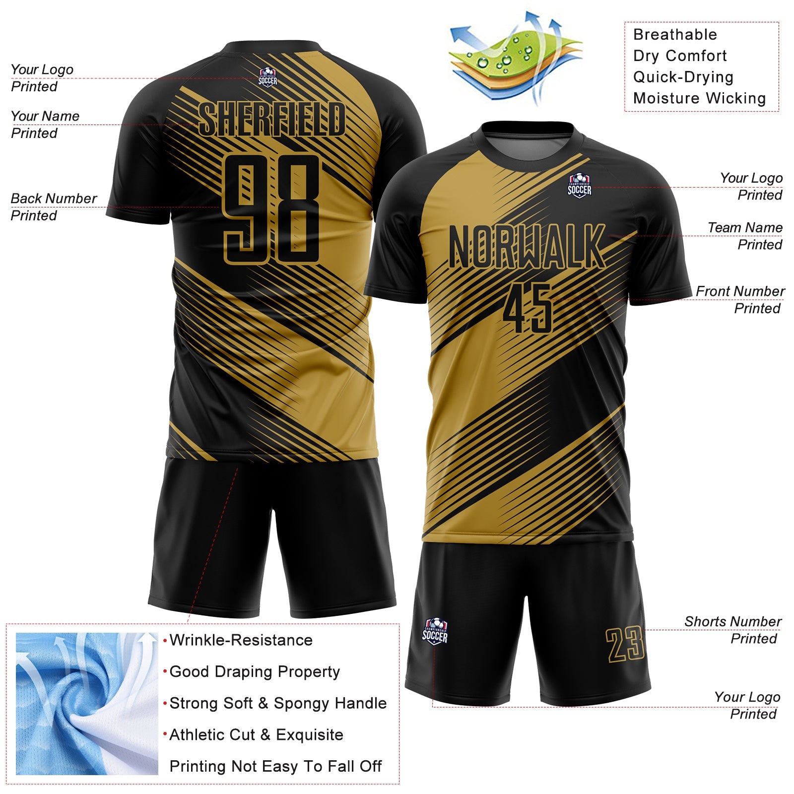 Custom Black Old Gold Line Sublimation Soccer Uniform Jersey - Sky-Custom