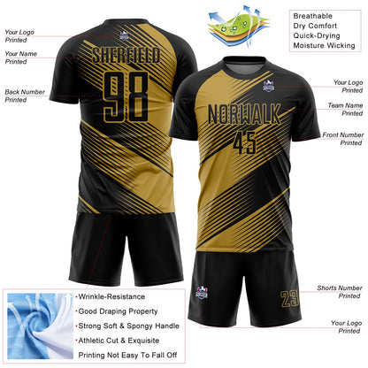 Custom Black Old Gold Line Sublimation Soccer Uniform Jersey - Sky-Custom