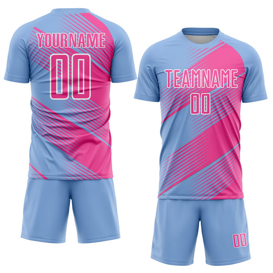 Custom Light Blue Pink-White Line Sublimation Soccer Uniform Jersey - Sky-Custom