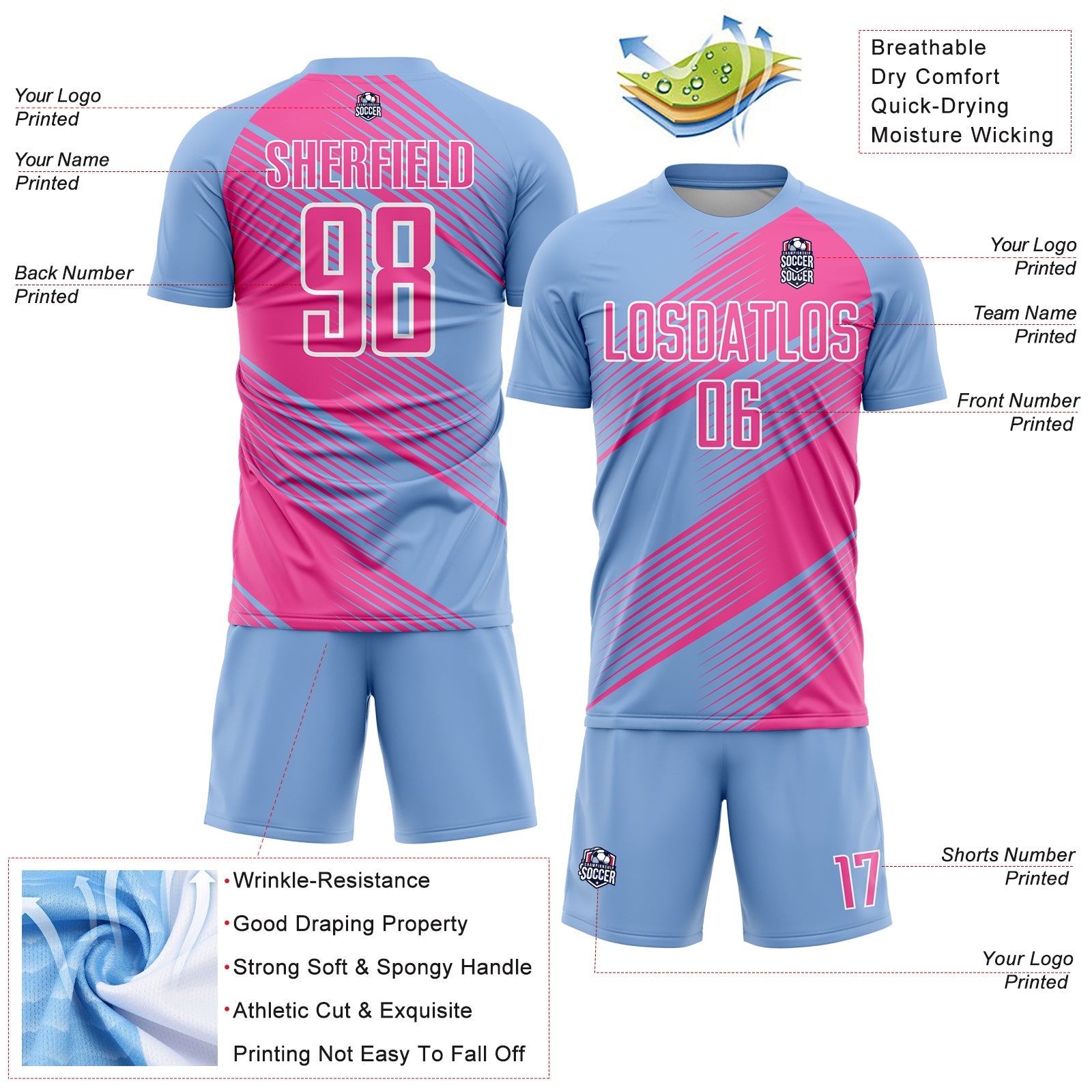 Custom Light Blue Pink-White Line Sublimation Soccer Uniform Jersey - Sky-Custom