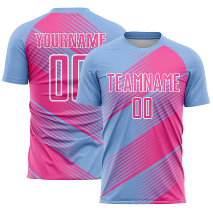 Custom Light Blue Pink-White Line Sublimation Soccer Uniform Jersey - Sky-Custom