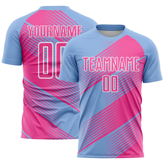 Custom Light Blue Pink-White Line Sublimation Soccer Uniform Jersey - Sky-Custom