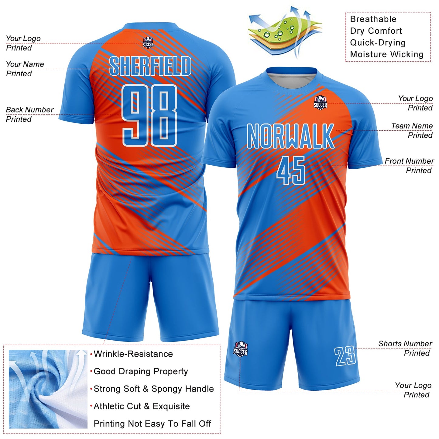 Custom Powder Blue Orange-White Line Sublimation Soccer Uniform Jersey - Sky-Custom
