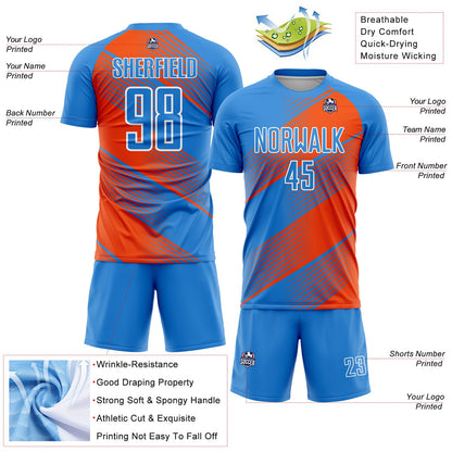 Custom Powder Blue Orange-White Line Sublimation Soccer Uniform Jersey - Sky-Custom