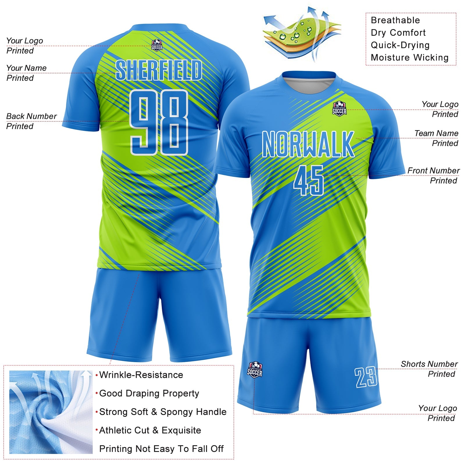 Custom Powder Blue Neon Green-White Line Sublimation Soccer Uniform Jersey - Sky-Custom