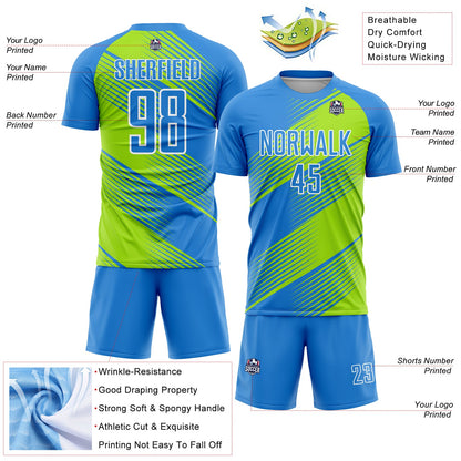 Custom Powder Blue Neon Green-White Line Sublimation Soccer Uniform Jersey - Sky-Custom