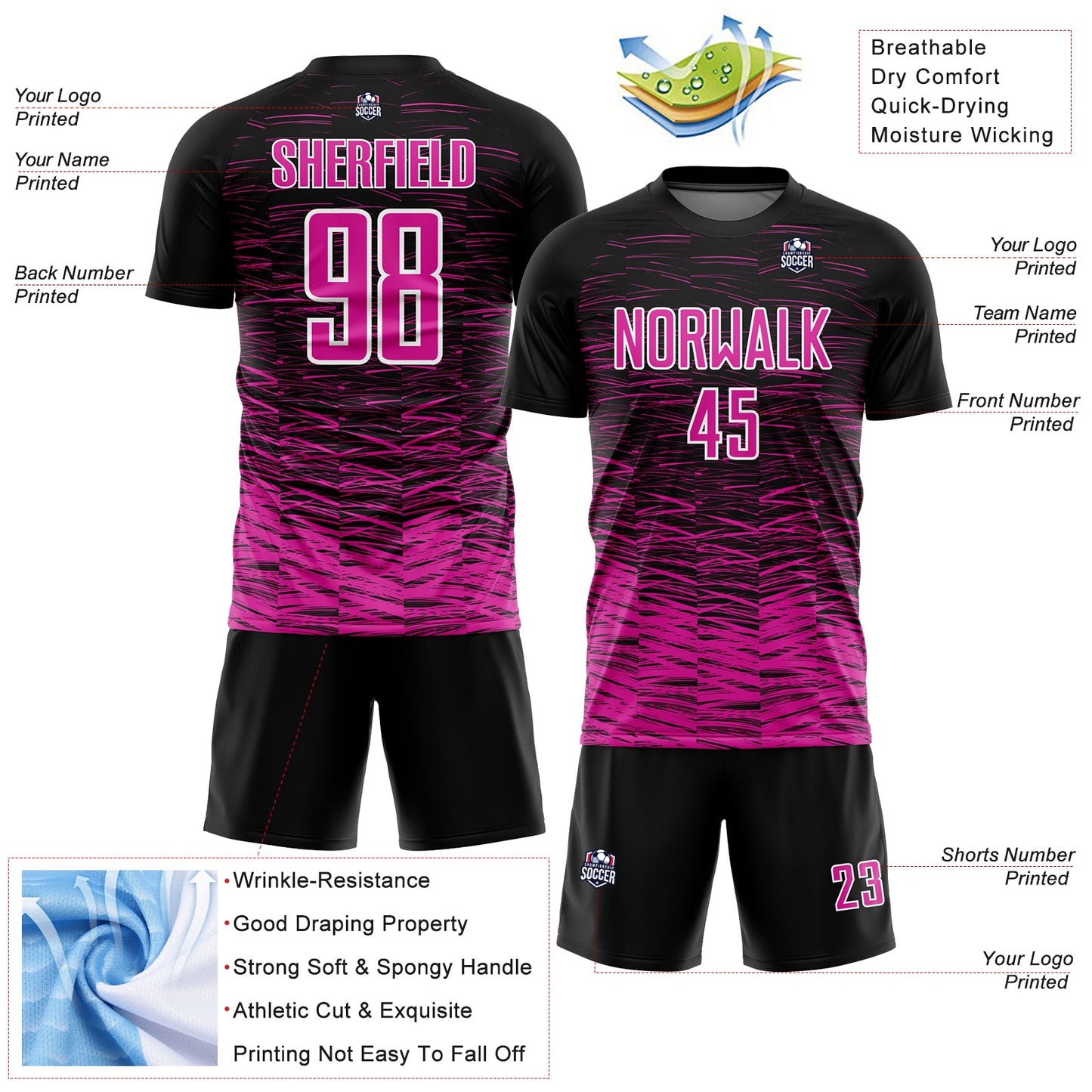 Custom Black Deep Pink-White Line Sublimation Soccer Uniform Jersey - Sky-Custom