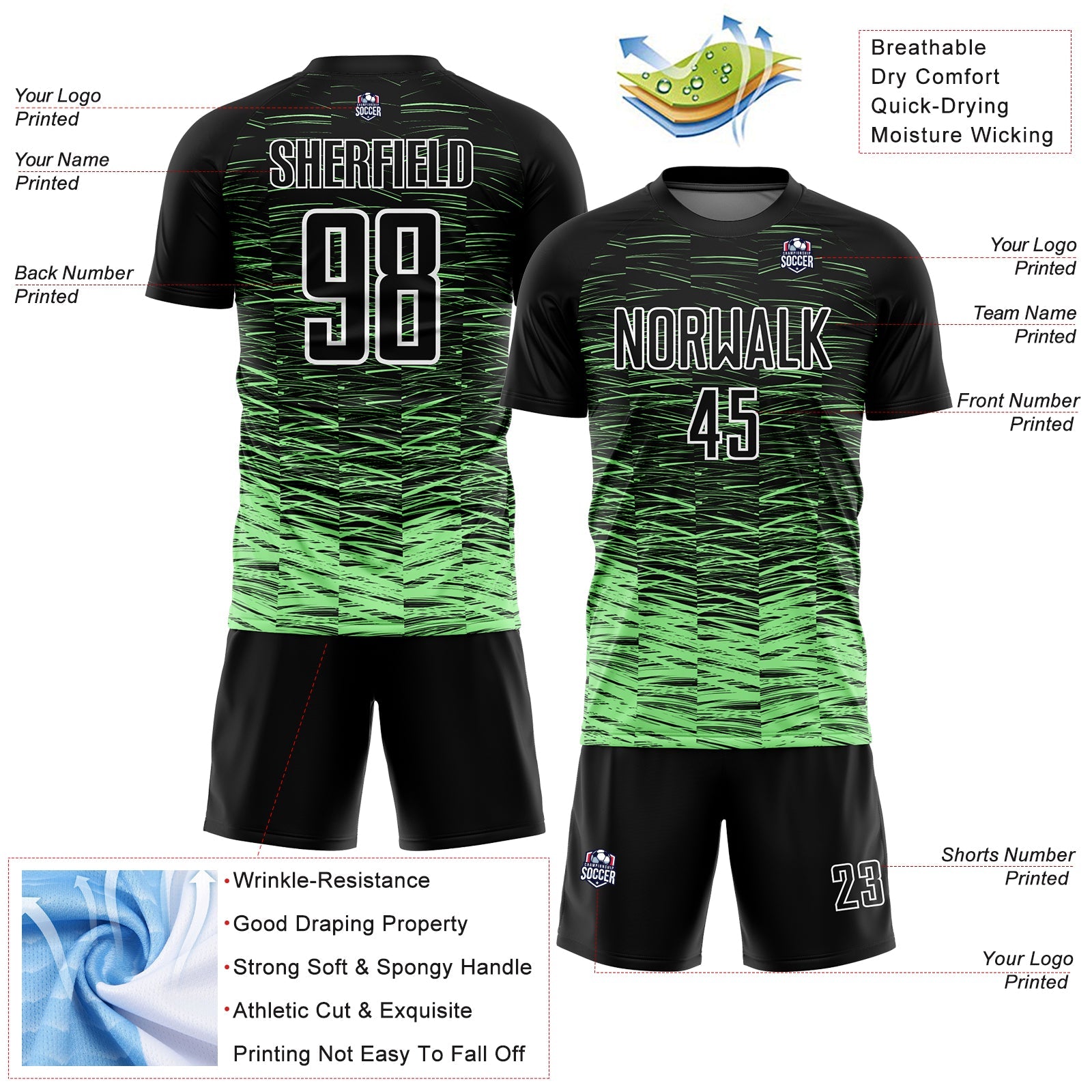 Custom Black Pea Green-White Line Sublimation Soccer Uniform Jersey - Sky-Custom