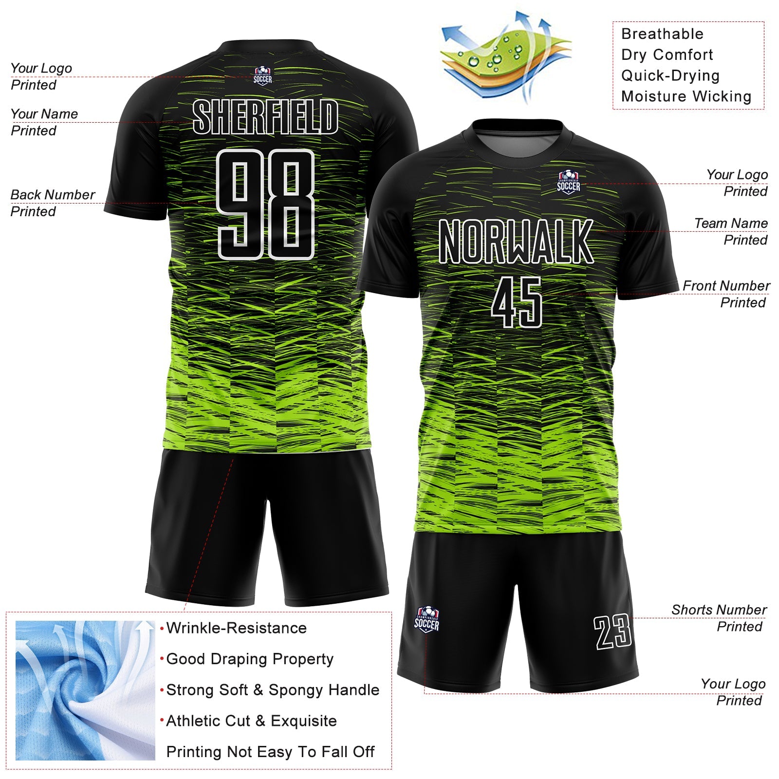 Custom Black Neon Green-White Line Sublimation Soccer Uniform Jersey - Sky-Custom