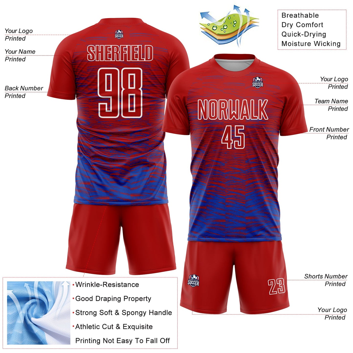 Custom Red Thunder Blue-White Line Sublimation Soccer Uniform Jersey - Sky-Custom