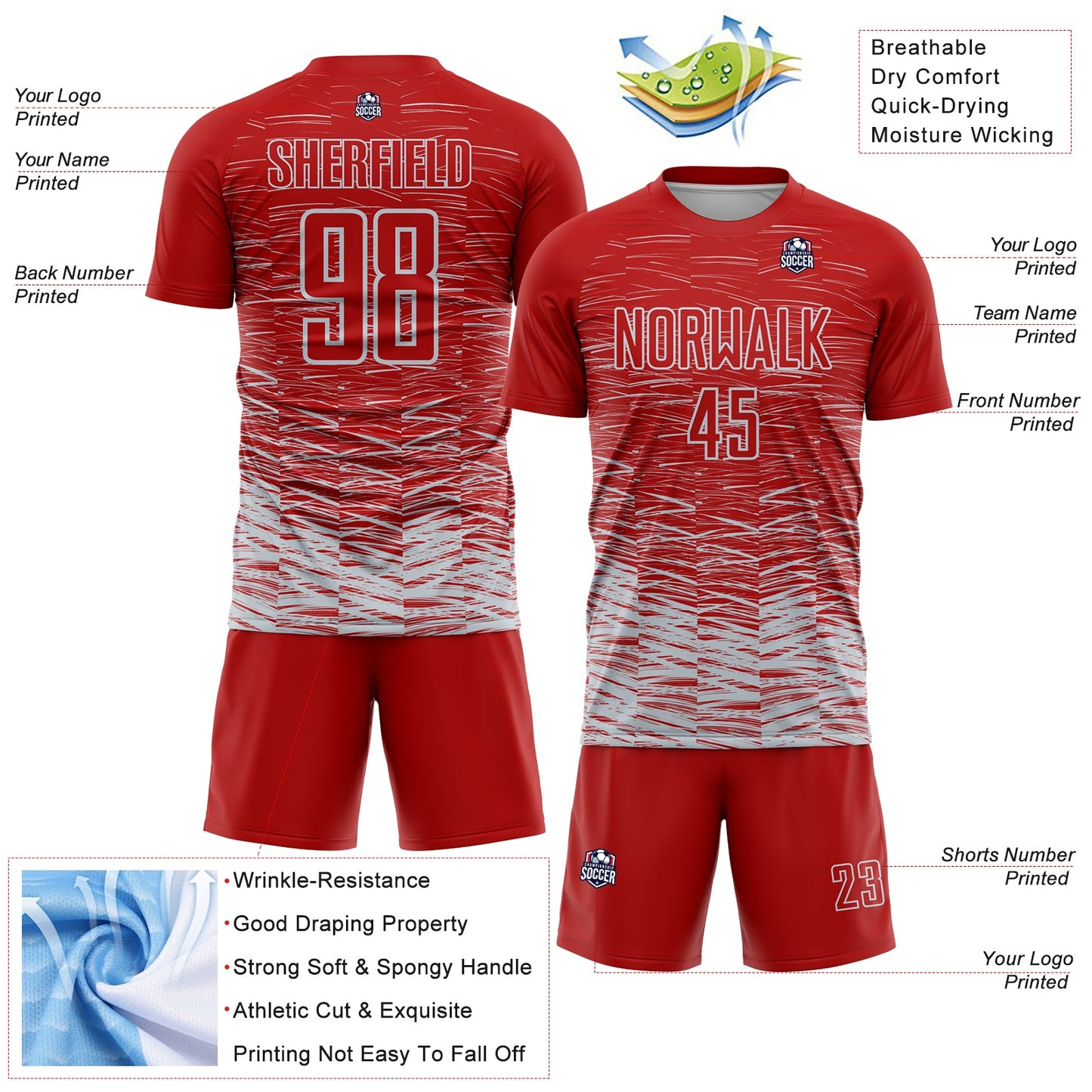 Custom Red Silver-White Line Sublimation Soccer Uniform Jersey - Sky-Custom