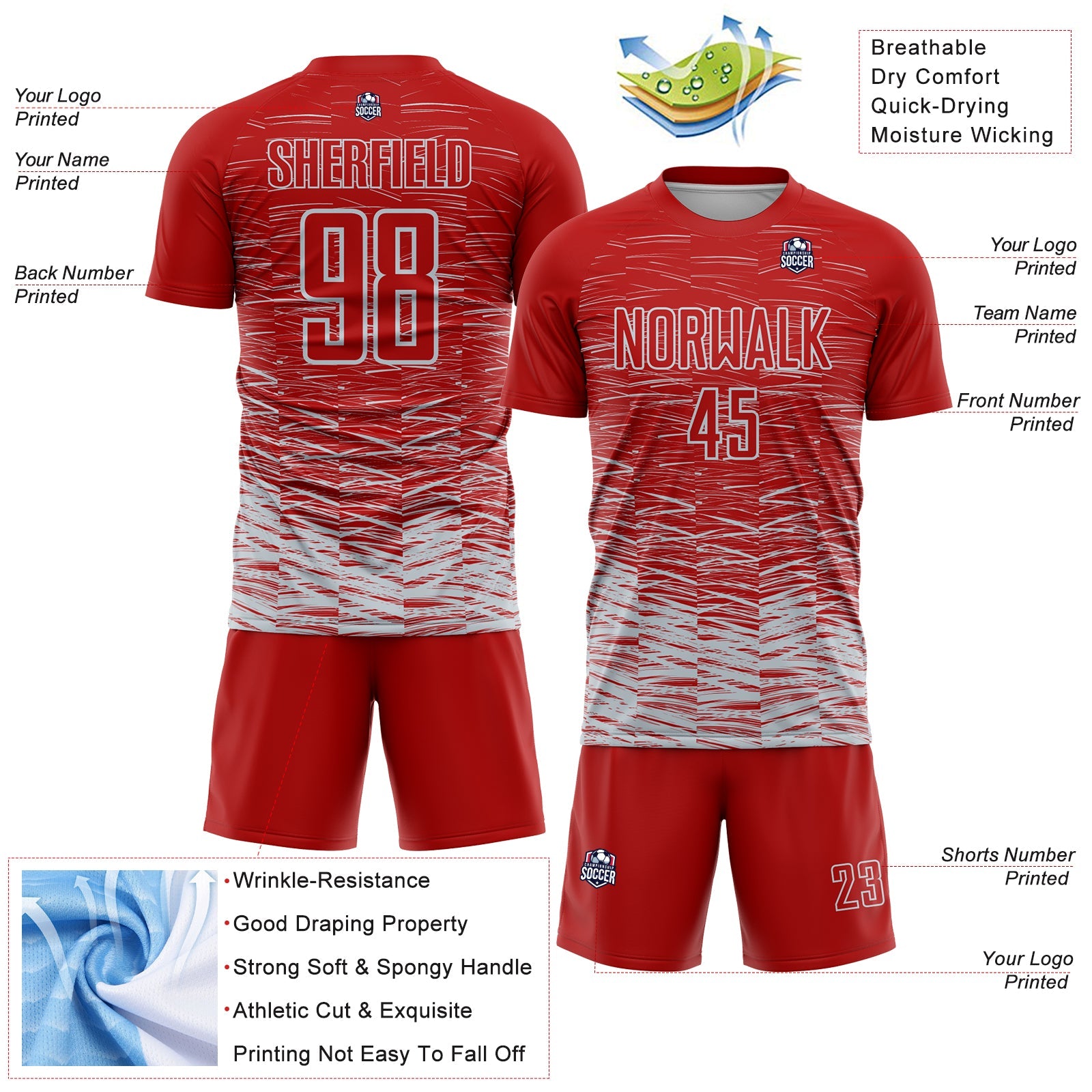 Custom Red Silver-White Line Sublimation Soccer Uniform Jersey - Sky-Custom