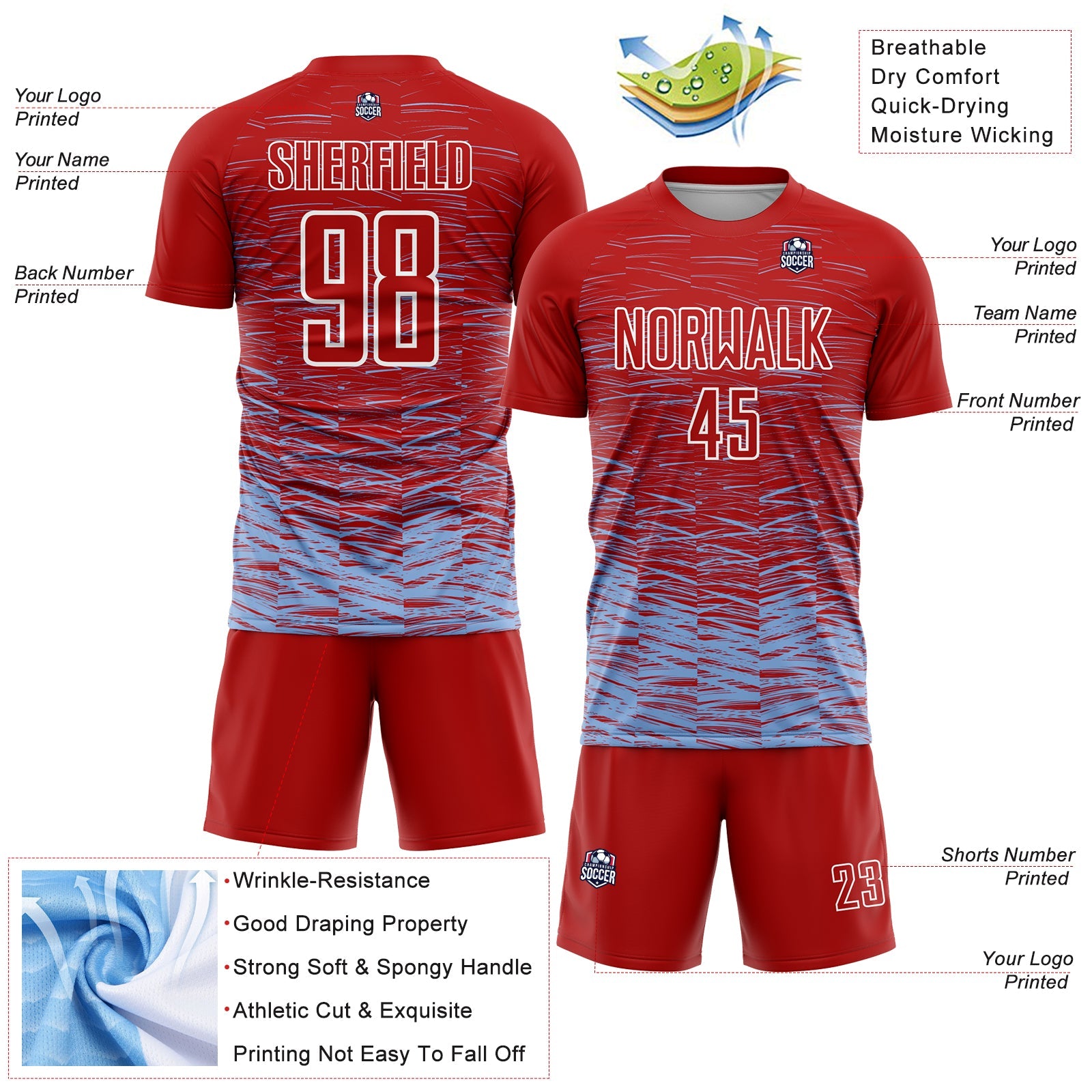 Custom Red Light Blue-White Line Sublimation Soccer Uniform Jersey - Sky-Custom