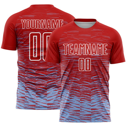 Custom Red Light Blue-White Line Sublimation Soccer Uniform Jersey - Sky-Custom