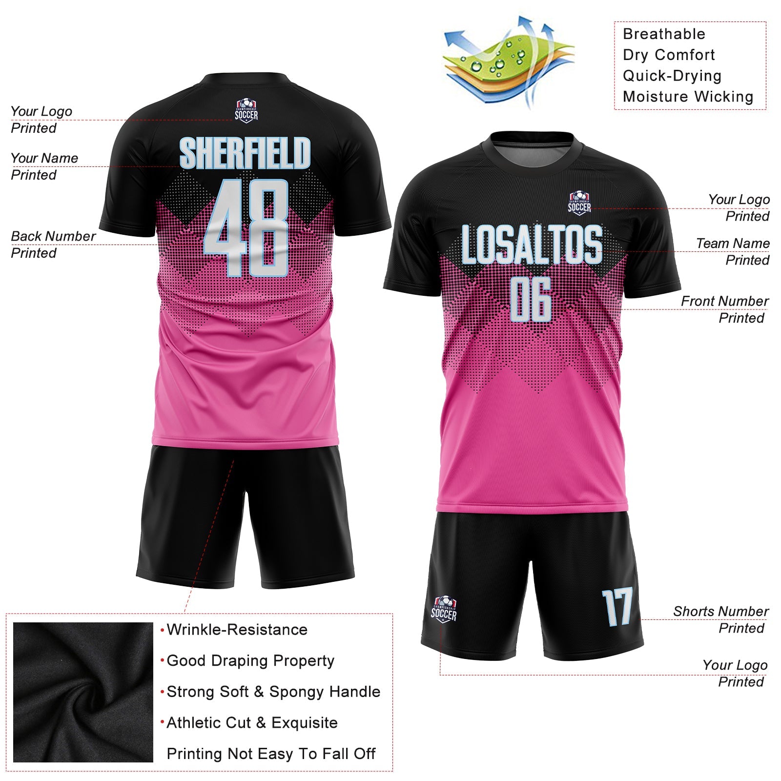 Custom Pink Black-LIght Blue Gradient Square Shape Sublimation Soccer Uniform Jersey - Sky-Custom