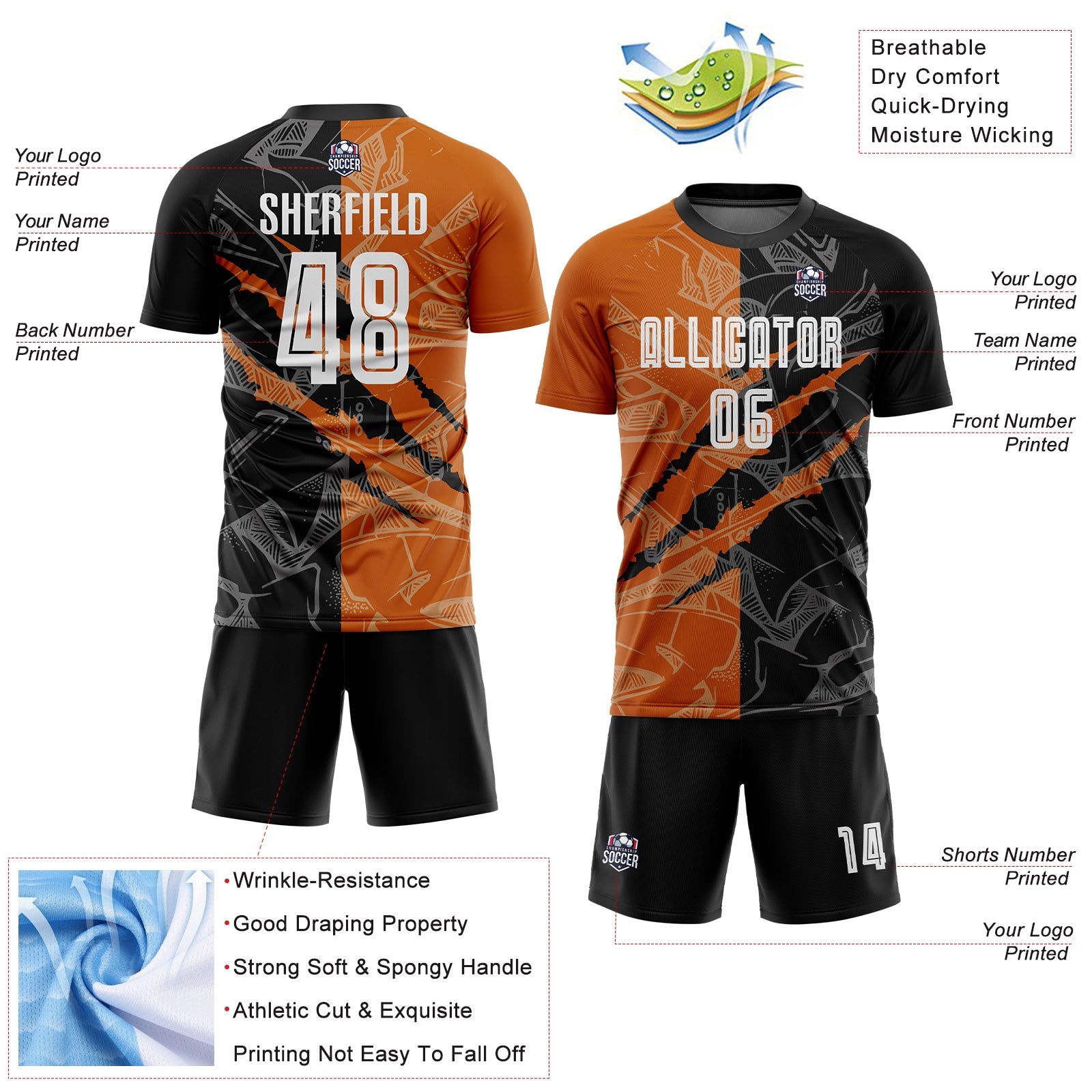Custom Graffiti Pattern Black-Texas Orange Scratch Sublimation Soccer Uniform Jersey - Sky-Custom