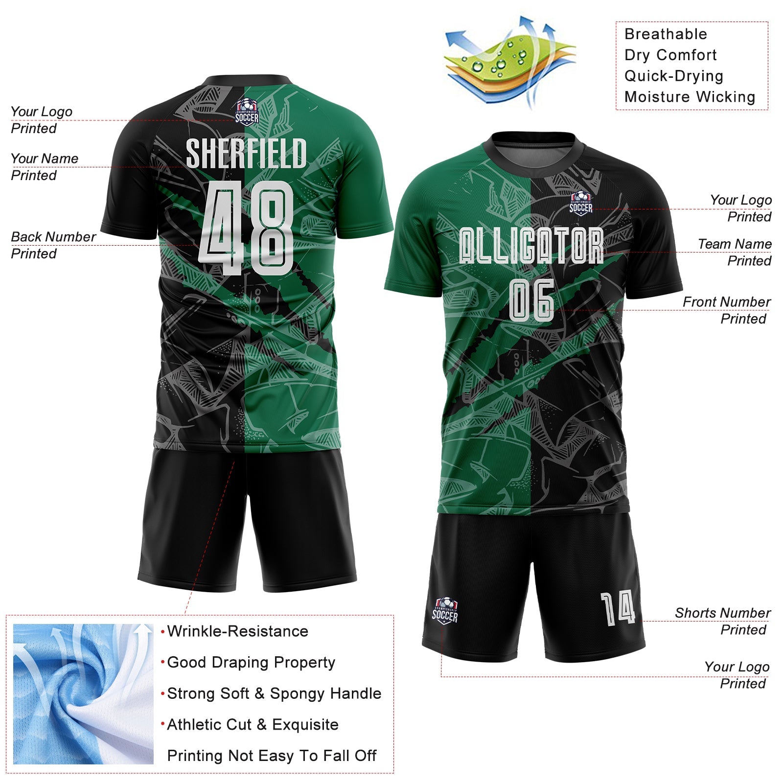 Custom Graffiti Pattern Black-Kelly Green Scratch Sublimation Soccer Uniform Jersey - Sky-Custom