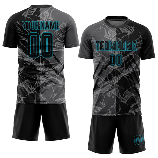 Custom Graffiti Pattern Black Steel Gray-Teal Scratch Sublimation Soccer Uniform Jersey - Sky-Custom