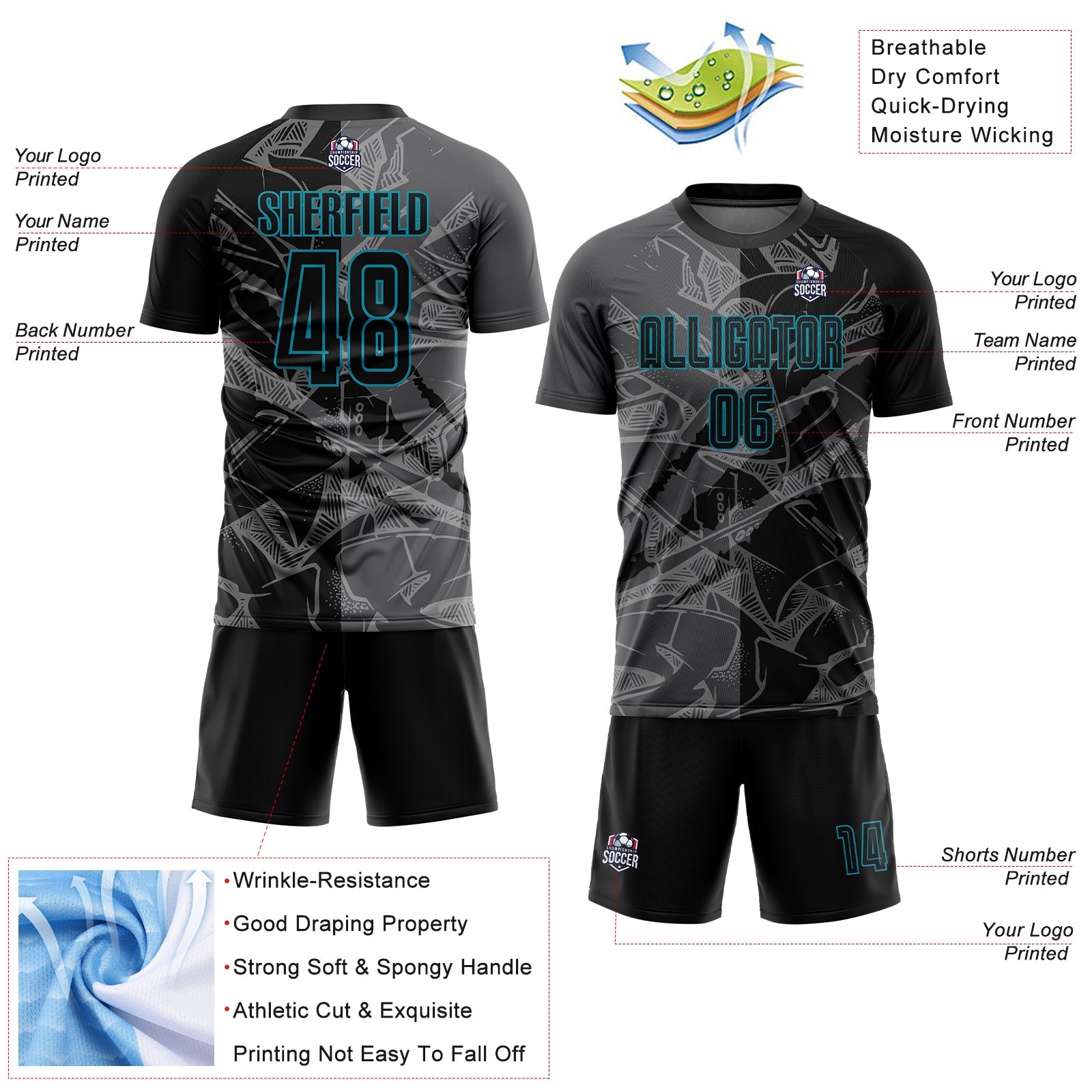 Custom Graffiti Pattern Black Steel Gray-Teal Scratch Sublimation Soccer Uniform Jersey - Sky-Custom