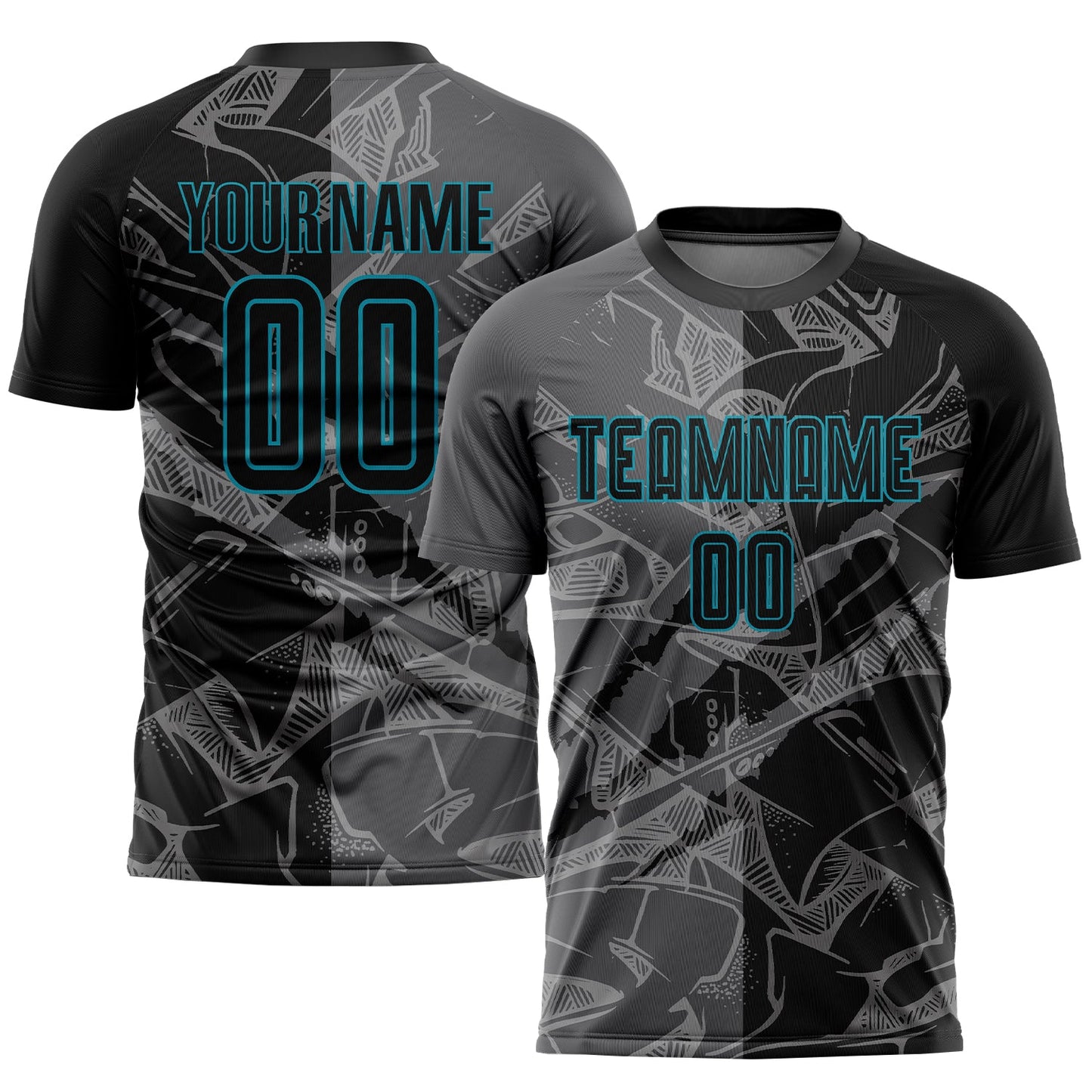 Custom Graffiti Pattern Black Steel Gray-Teal Scratch Sublimation Soccer Uniform Jersey - Sky-Custom